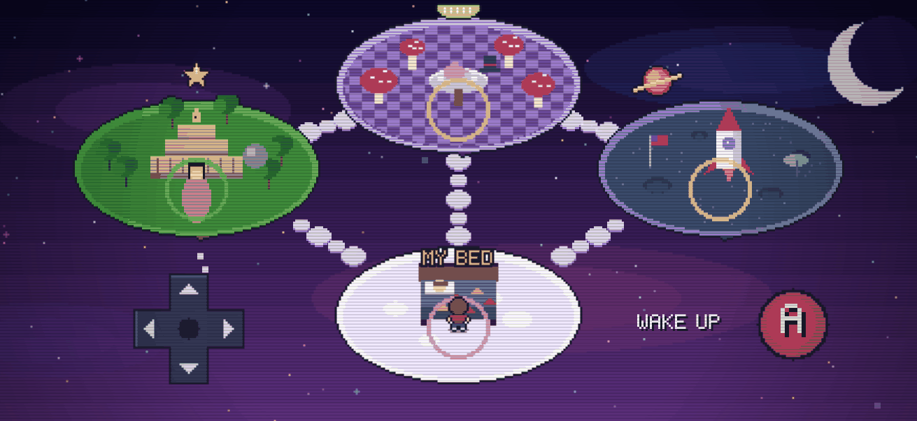 Four floating dream islands under a crescent moon