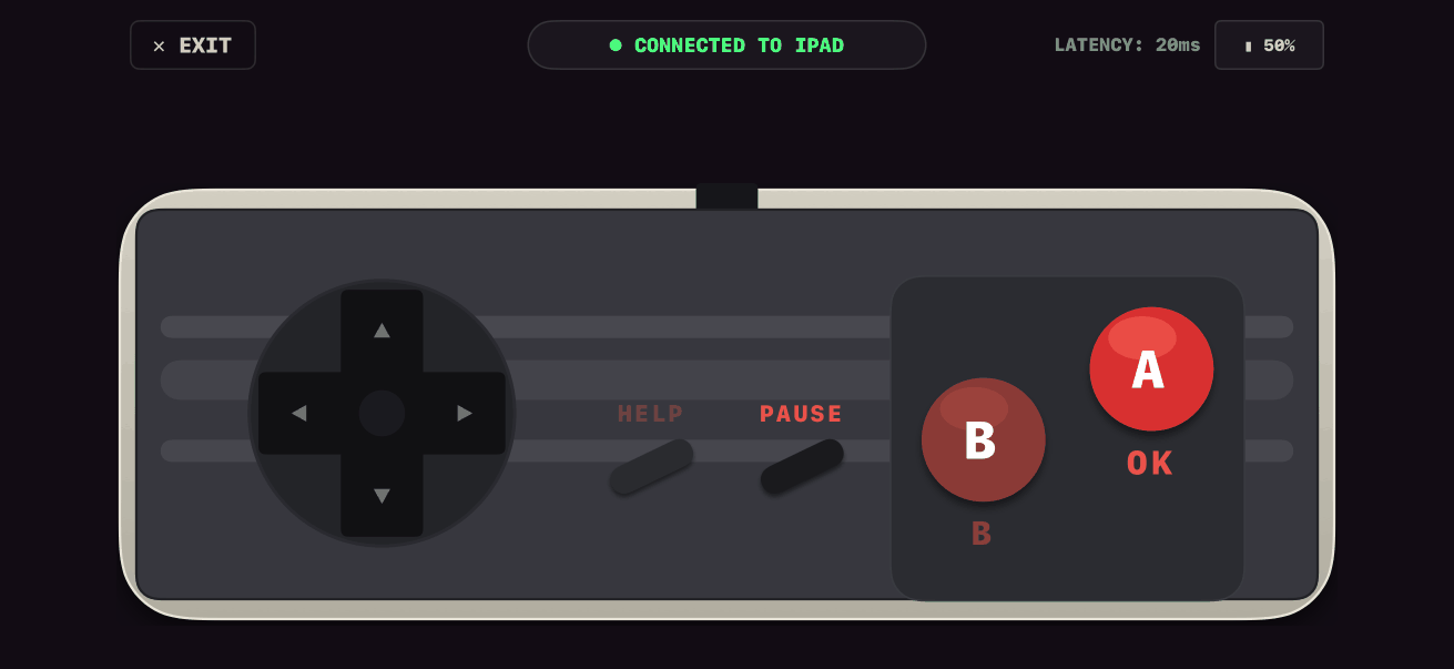 The iPhone controller screen: a retro gamepad with a D-pad and A and B buttons