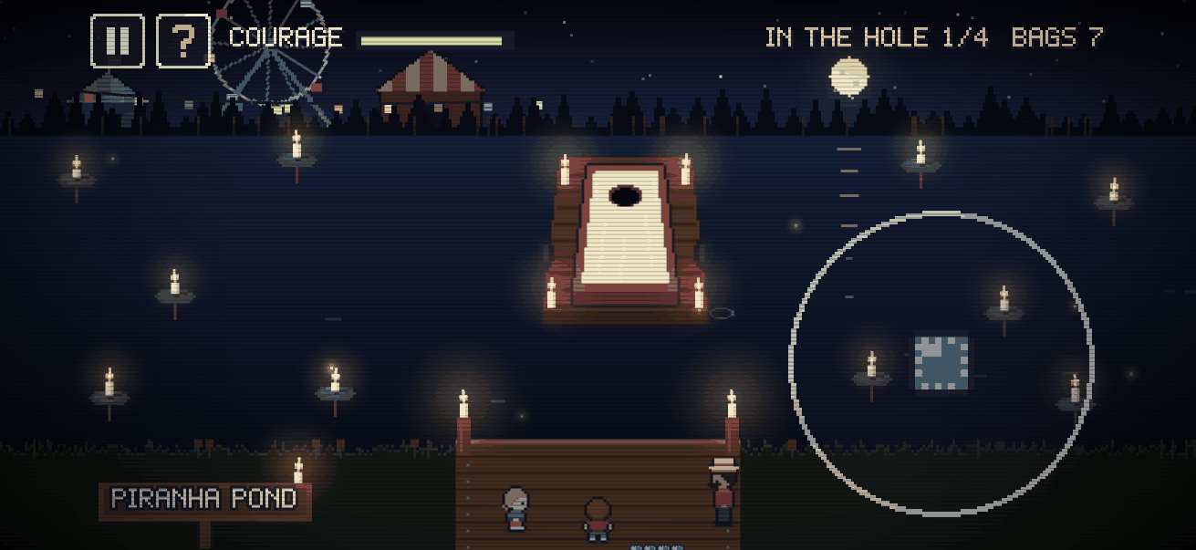 Candlelit night pond with a cornhole board on a raft