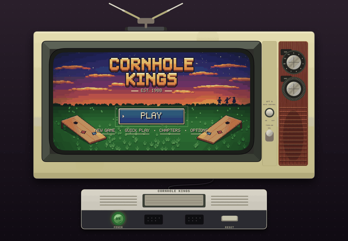 The Cornhole Kings title screen on a retro TV with a game console below